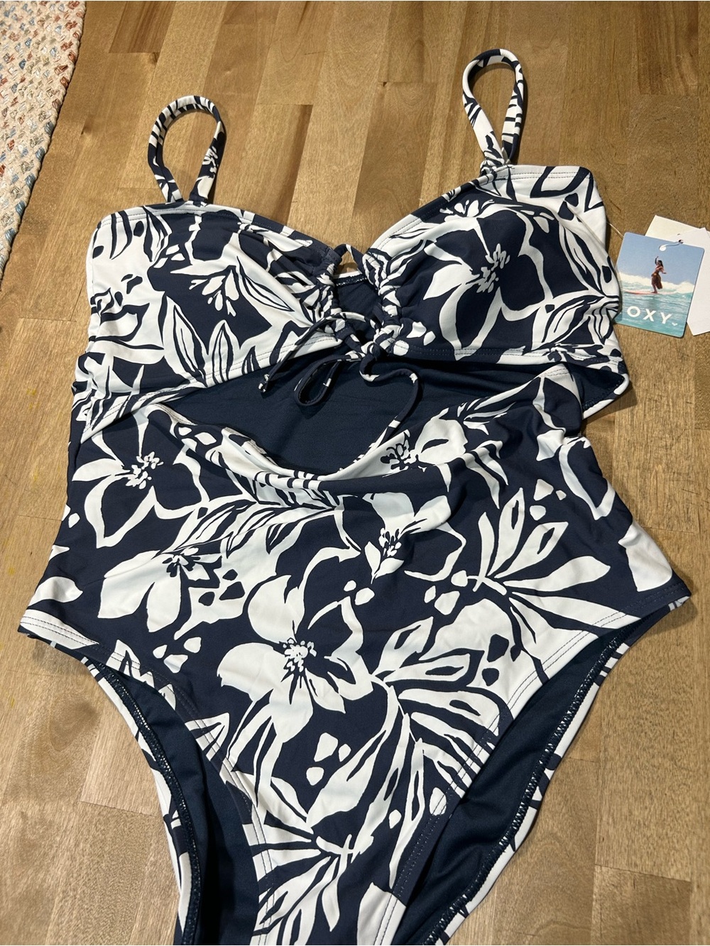 Roxy Women’s Navy and White Floral Cutout One-Piece Swimsuit